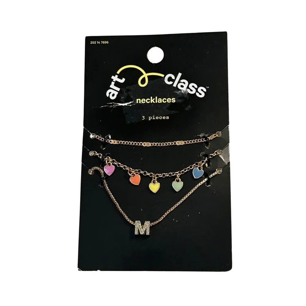Art Class Necklaces 3 Piece Set Colorful‎ Hearts & Initial M Charm Gold Tone